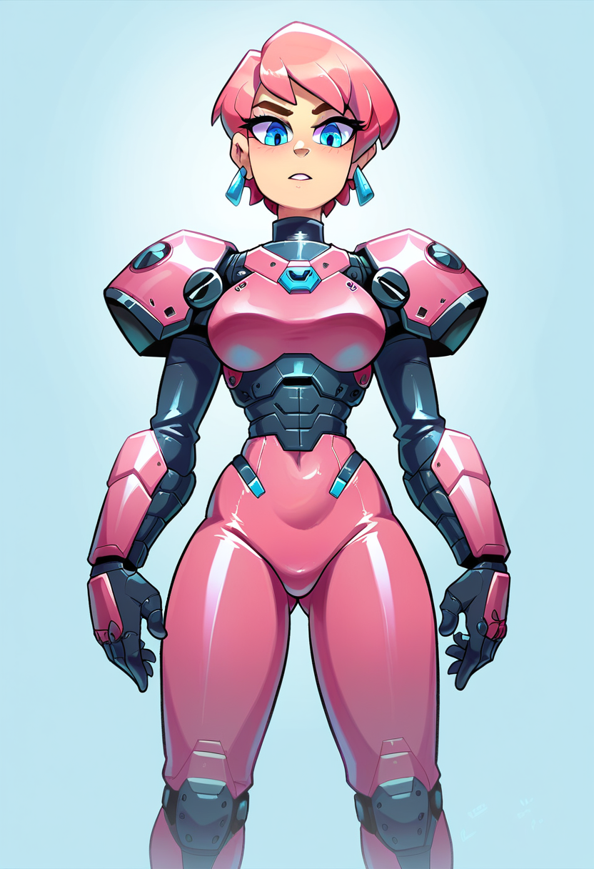 score_9, score_8_up, score_7_up, score_6_up, score_5_up, score_4_up, (sci-fi), young beautiful woman wearing pink mecha armor watching TV, bottom view, beautiful short hair, perfect body, looking at viewer, blue eyes, many details, zPDXL <lora:XL_Mecha_Knights_-_By_HailoKnight_V2:0.8> <lora:xl_more_art-full_v1:0.8> <lora:latex2_pony:0.8> latex, nfltx <lora:detailed_hands:0.8> hand