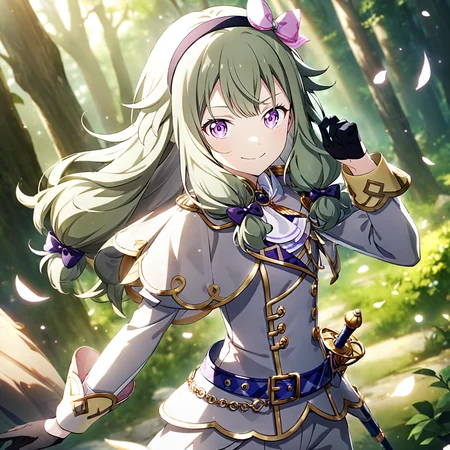 1girl, kusanagi nene, ootori emu, project sekai, masterpiece, very aesthetic, absurdres, official art,
fie chevalier, long hair, green hair, wavy hair, purple eyes, low-tied long hair,
looking at viewer, smiling, holding rapier, fighting stance, standing, cowboy shot, dutch angle, BREAK
black gloves, blue belt, black hairband, white pants, long sleeves, half gloves, jacket, white ascot, thigh strap, two-tone jacket, white jacket, grey jacket, puffy sleeves, bow, hair ornament, sheath, sheathed, formal, hair bow, sleeve cuffs, suit, headband, juliet sleeves, buckle, capelet,
lens flare, backlighting, dark, day, sunlight, floating petals, outdoors, forest, trees, light particles,
<lora:sdxl-ws-FieChevalie01:0.8:lbw=
0,0,0.2,0.2,0,0.4,0.4,0,0.8,0.8,0,0,0,0.8,0.8,0.6,0.8,0.0,0.0,0.0,0,0,0,0,0,0>