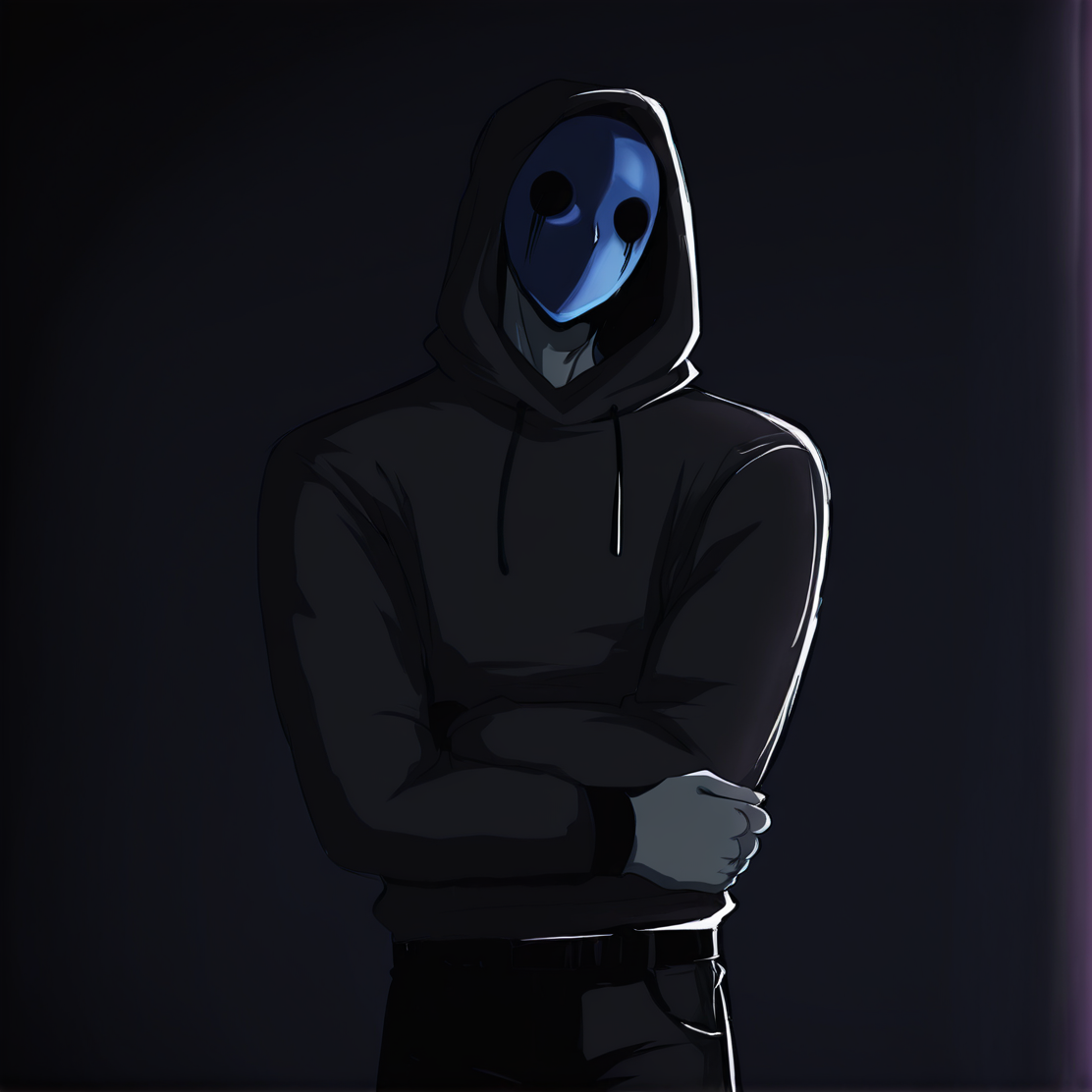 <lora:Eyeless_Jack:1> jack, hood, solo, blue mask, 1boy, male focus, grey skin, black outfit, black pants, crossed_arms, masterpiece, high quality, dark bedroom background, <lora:DarkerThanBlackIllustrious:1> masterpiece \(quality\), dark, dim lighting