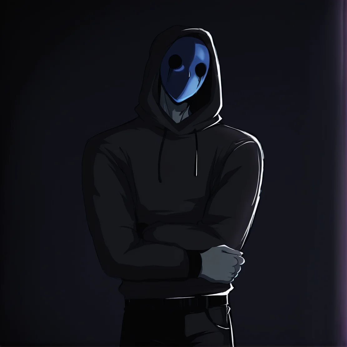 <lora:Eyeless_Jack:1> jack, hood, solo, blue mask, 1boy, male focus, grey skin, black outfit, black pants, crossed_arms, masterpiece, high quality, dark bedroom background, <lora:DarkerThanBlackIllustrious:1> masterpiece \(quality\), dark, dim lighting
