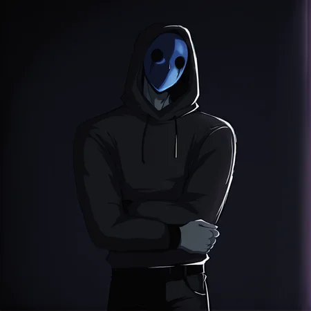 <lora:Eyeless_Jack:1> jack, hood, solo, blue mask, 1boy, male focus, grey skin, black outfit, black pants, crossed_arms, masterpiece, high quality, dark bedroom background, <lora:DarkerThanBlackIllustrious:1> masterpiece \(quality\), dark, dim lighting