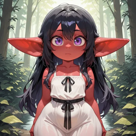 masterpiece, best quality, amazing quality, very aesthetic, solo, upper body,
goblin, short stature, shortstack, long pointed ears, big eyes,
1girl, female focus, long hair, black hair, purple eyes, red skin, white dress,
(looking at viewer:1.2), posing,
forest,