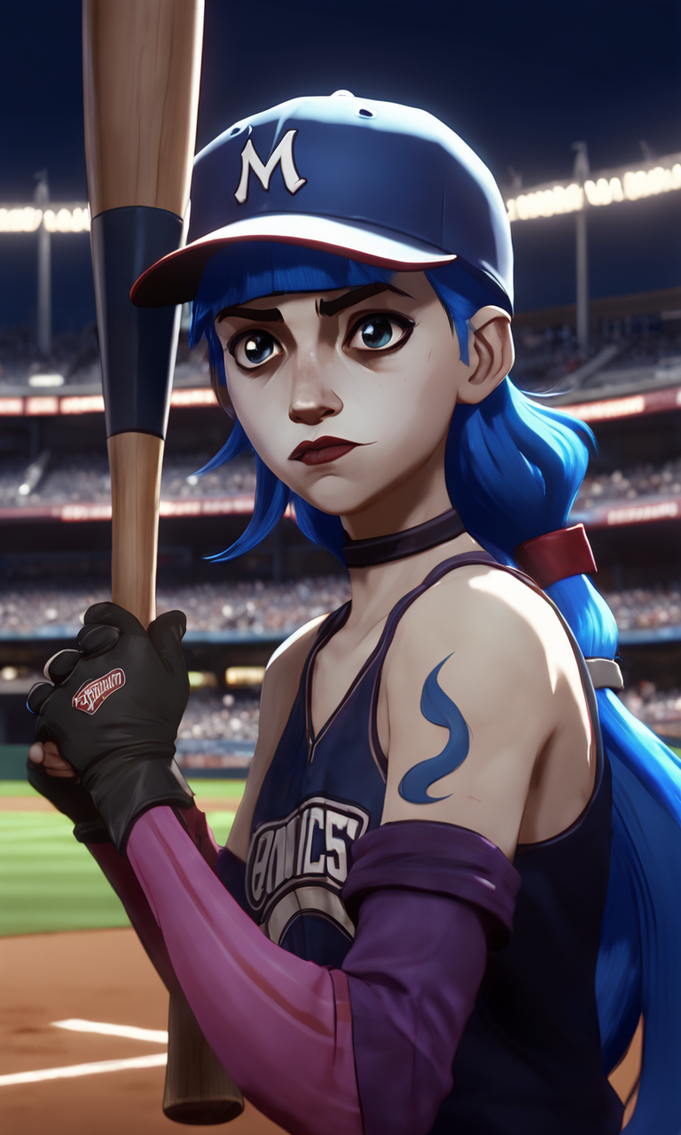 arcane, jinx, blue hair, very long hair, freckles, lipstick, wearing baseball hat, baseball uniform, at the plate, baseball bat <lora:jinx:0.65>