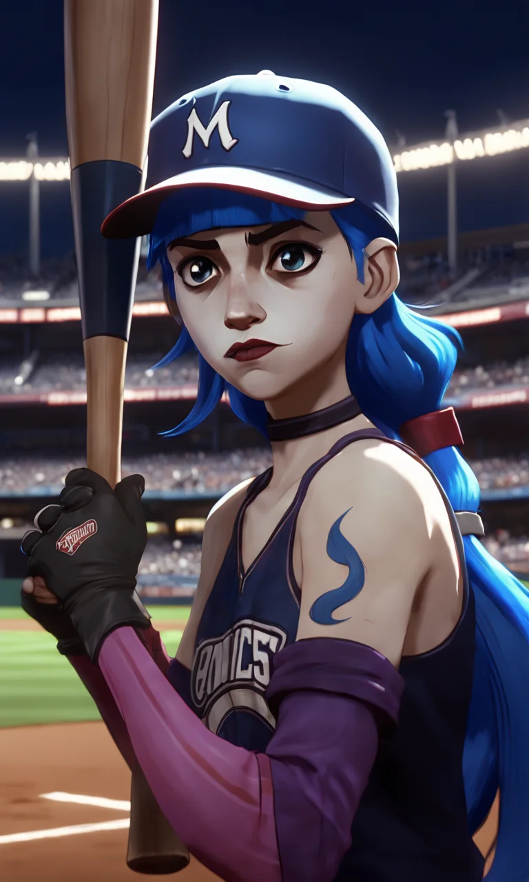 arcane, jinx, blue hair, very long hair, freckles, lipstick, wearing baseball hat, baseball uniform, at the plate, baseball bat <lora:jinx:0.65>
