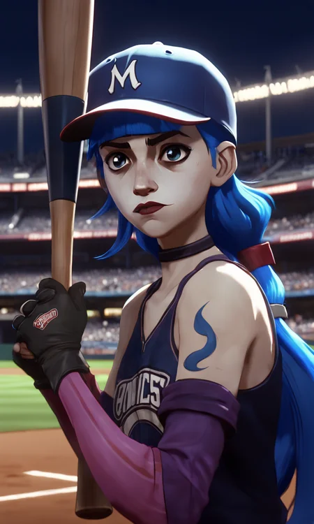 arcane, jinx, blue hair, very long hair, freckles, lipstick, wearing baseball hat, baseball uniform, at the plate, baseball bat <lora:jinx:0.65>