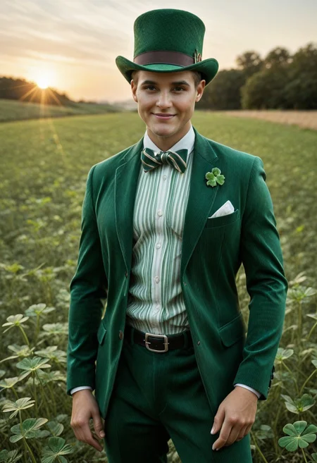Photorealistic portrait of a Detroit-style digital human named Connor, with striking green eyes and a subtle smile, wearing a sophisticated green corduroy suit, a glitter crop top revealing his midriff, and a green top hat adorned with a striped bow. He stands solo amidst a field of vibrant green clovers, with a prominent four-leaf clover near his hand, surrounded by ethereal light particles. Shot with a Sony a7R IV, 85mm lens at f/1.8, ISO 100, 1/200s shutter speed, bathed in soft, magical golden hour lighting, with a shallow depth of field to emphasize Connor and the clovers, creating a whimsical yet formal atmosphere.