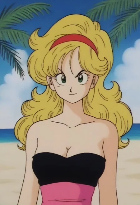 score_9, score_8_up, score_7_up, score_6_up, score_5_up, score_4_up, 1 girl, launch bad, blonde hair, long hair, curly hair, green eyes, collarbone, smile, looking at viewers, a strapless black tube dress, medium breast, at a beach, sunlight through palm trees, dragonballartstyle, drgbls1, style of akira toriyama, <lora:Akira_Toriyama_style_1_2_R:1.0>, 1990s style, retro artstyle, anime coloring, traditional media, cel shading, hyperdetailed, 4k, 8k, masterpiece,
