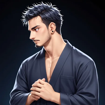 1man, skin tanned, messy hair covering part of the face, red eyes, thin eyebrows, ear piercing, small goatee, wearing black Japanese tunic with scarlet edges, alone, looking forward, athletic body, masculino, bara.
