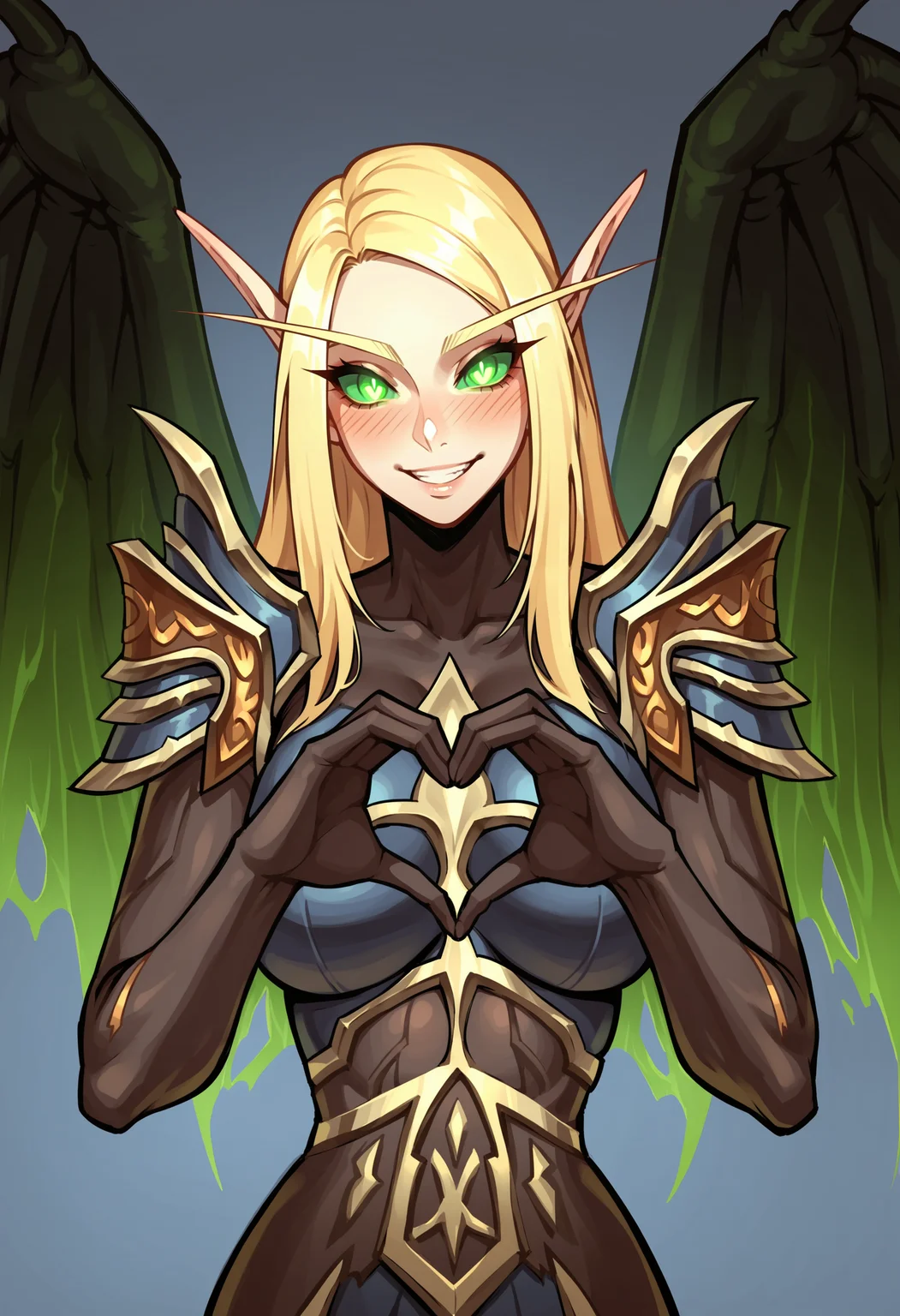 score_9, score_8_up, score_7_up, score_6_up, score_5_up, score_4_up, 1girl, <lora:AedaBrightdawn:0.8> solo, large breasts, green eyes, long hair, blonde hair, pointy ears, long eyebrows, glowing, glowing eyes, colored sclera, no pupils, wings, robe, shoulder armor, upper body, standing, smile, heart hands, blush,
(light blue background), simple background