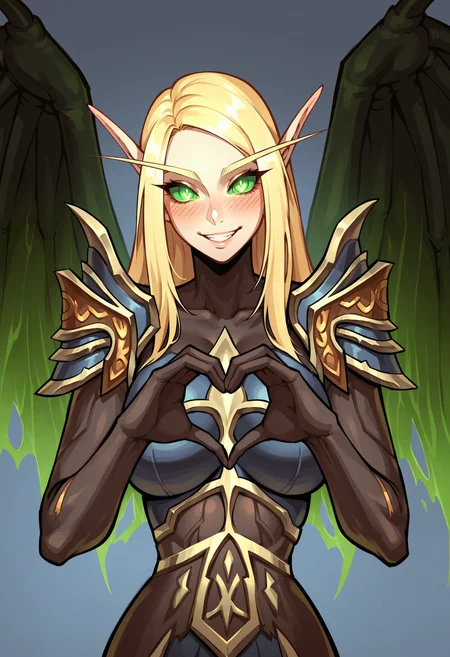 score_9, score_8_up, score_7_up, score_6_up, score_5_up, score_4_up, 1girl, <lora:AedaBrightdawn:0.8> solo, large breasts, green eyes, long hair, blonde hair, pointy ears, long eyebrows, glowing, glowing eyes, colored sclera, no pupils, wings, robe, shoulder armor, upper body, standing, smile, heart hands, blush,
(light blue background), simple background