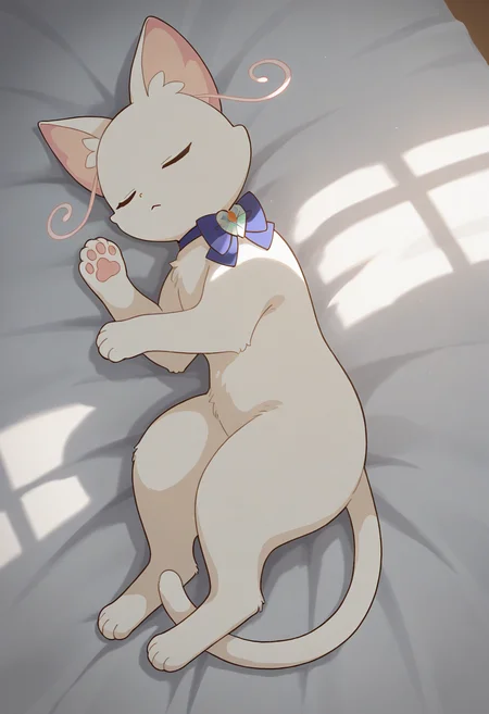 best quality, masterpiece, very aesthetic, yukicat, no humans, cat, closed eyes, solo, full body, cat tail, bowtie, white fur, furry, on bed, sleeping,