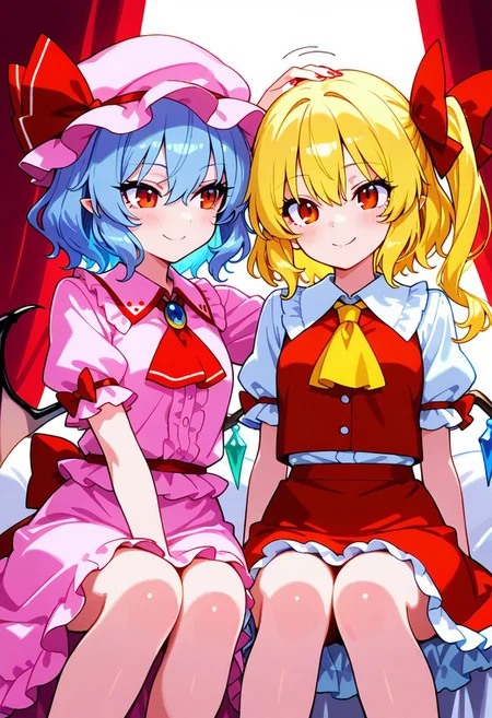 masterpiece, best quality, 21 year old model, eyelashes, (beautiful eyes),
2girls, zzRemilia, red eyes, blue hair, short hair, hat, ribbon, wings, ascot, hat ribbon, pink dress, bat wings, short sleeves, frills, puffy sleeves, zzFlandre, red eyes, blonde hair, one side up, hair between eyes, wings, ascot, red skirt, hat ribbon, short sleeves, puffy sleeves, mob cap, red shirt,
smile, looking at viewer, shiny skin,
embarassed, (head pat),
sitting, looking at each other, facing each other,