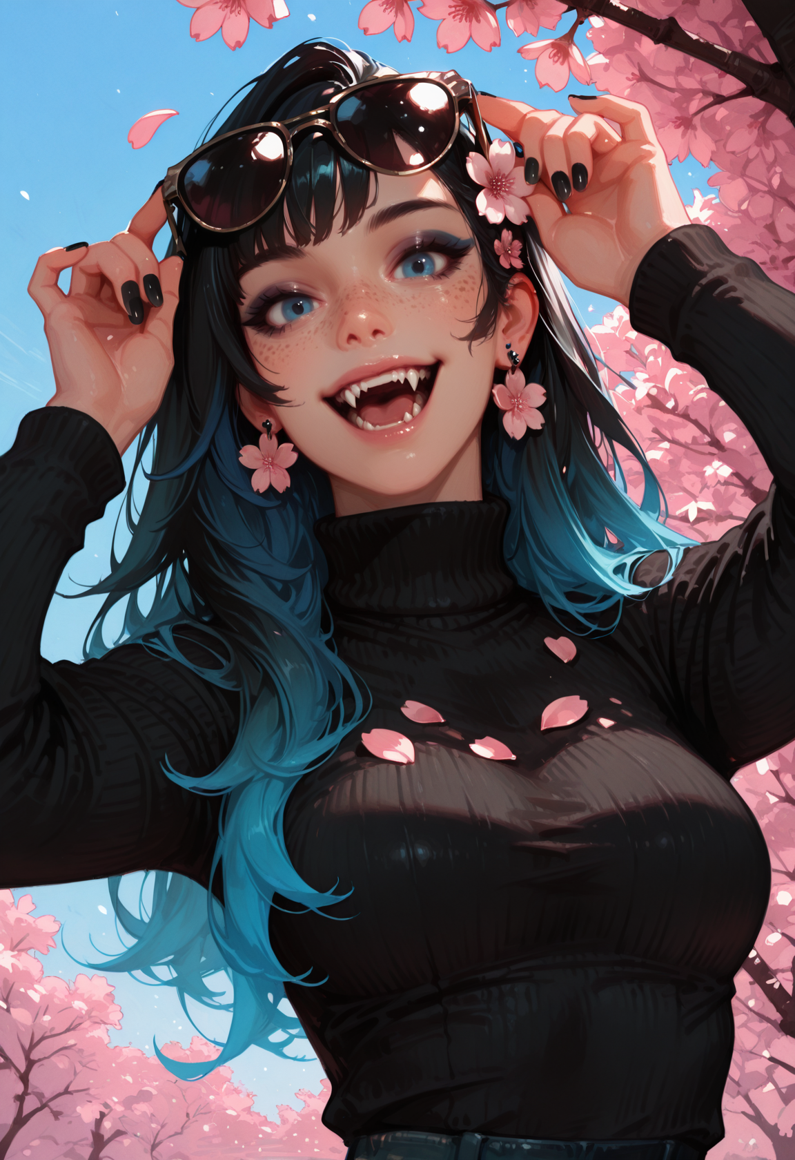 1girl, eyewear on head, multicolored hair, black hair, cherry blossoms, solo, sweater, blue eyes, black nails, gradient hair, sunglasses, jewelry, earrings, black sweater, looking at viewer, turtleneck, upper body, flower, breasts, petals, nail polish, smile, outdoors, artist name, open mouth, adjusting eyewear, hair ornament, turtleneck sweater, hair flower, fangs, long hair, long sleeves, two-tone hair, day, freckles, medium breasts, ribbed sweater, sky, makeup, blue hair, teeth,  masterwork, masterwork, masterpiece, best quality, dynamic lighting , dynamic pose,,  dynamic angle, , , (realistic:1.2), (lineless:1.2), detailed, <lora:Detailer_NoobAI_Incrs_v1:1>, nose