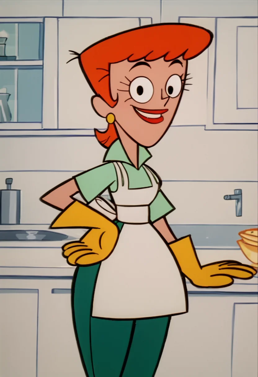 <lora:DextersMomPony1.0:1>dextersmom, solo, 1girl, aqua shirt, green pants, rubber gloves, orange hair, earrings, apron, short hair, smile, kitchen, lipstick, score_9, score_8_up, score_7_up, score_6_up, score_5_up, score_4_up, looking at viewer, hand on own hip, cowboy shot,