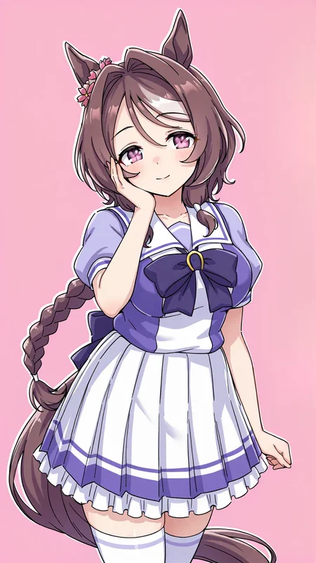 <lora:sakura_chitose_o_-_umamusume:0.8>,sakura chitose o \(umamusume\),large breasts,animal ears,horse ears,braid,long hair,hair ornament,purple eyes,brown hair,horse girl,hair flower,horse tail,bangs,eyebrows visible through hair,gradient,multicolored hair,streaked hair,simple background,cowboy shot,light smile,hand on own face,tracen school uniform,summer uniform,serafuku,puffy short sleeves,purple bowtie,horseshoe ornament,sailor collar,sailor shirt,purple shirt,white skirt,pleated skirt,frilled skirt,miniskirt,zettai ryouiki,white thighhighs,brown footwear,loafers,pink background,