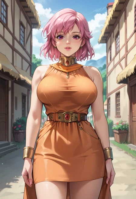 score_9, score_8_up, score_7_up, score_6_up, score_5_up, score_4_up, masterpiece, best quality, BREAK,
1girl, outdoors, fantasy village,  <lora:Lenna_Charlotte_Tycoon_FFV:1> lenna, pink hair female, short hair, large breasts, orange dress, belt,