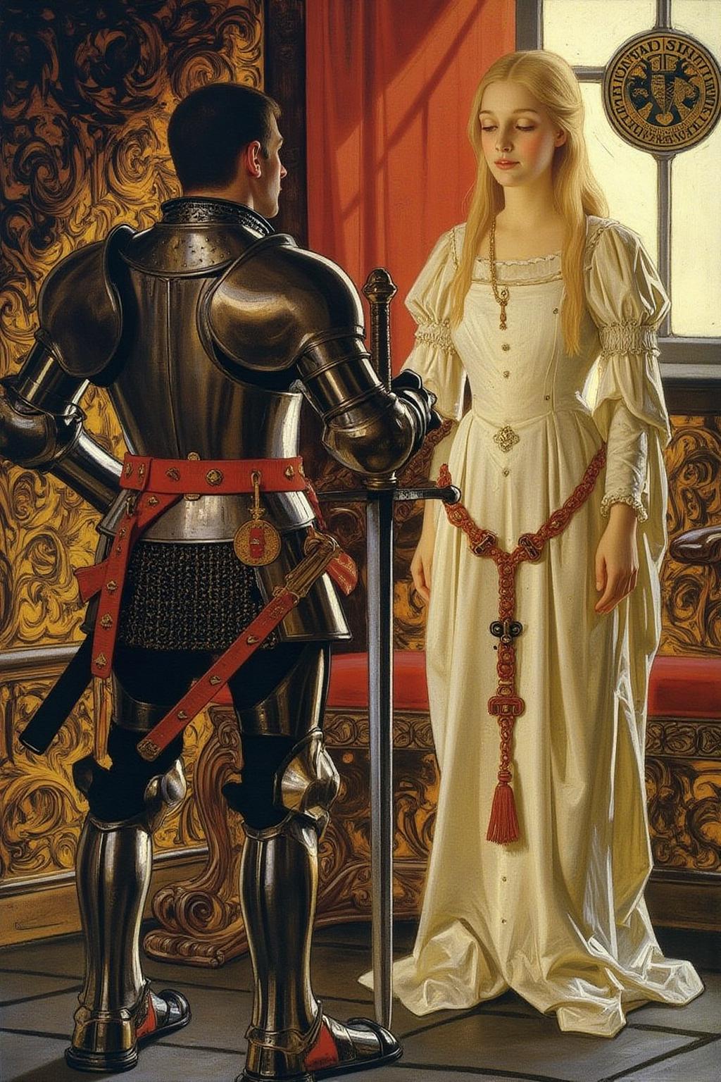 jcleyen1 painting.
The scene depicts a medieval setting with rich, warm colors and intricate details. A knight, clad in full plate armor, stands in the foreground, his back to the viewer. He is holding a long sword. A lady is standing before him, looking at the knight serenely. <lora:jcleyen1_cap_d6a3e11:1.0><lora:824042879644159432:0>