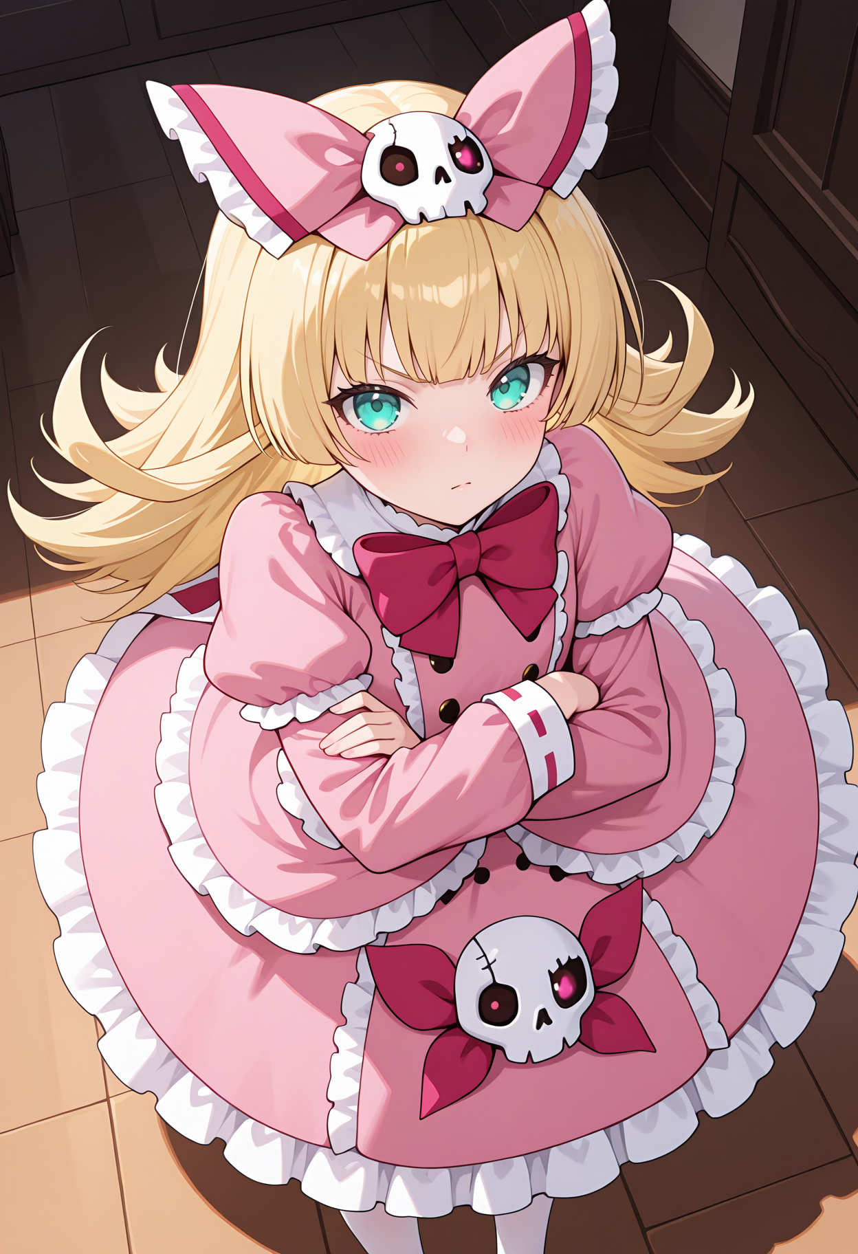 highres, best quality, masterpiece, indoors,
1girl, solo, npabness, long hair, blonde hair, aqua eyes, hair bow, skull hair ornament, 
pink dress, puffy sleeves, long sleeves, frilled dress, layered dress, skull ornament, ribbon, pantyhose, red bowtie, pink bow,
looking at viewer, blush, v-shaped eyebrows, 
standing, crossed arms, from above,
<lora:_abness_nep-elesico-ilxl-rev5:1>