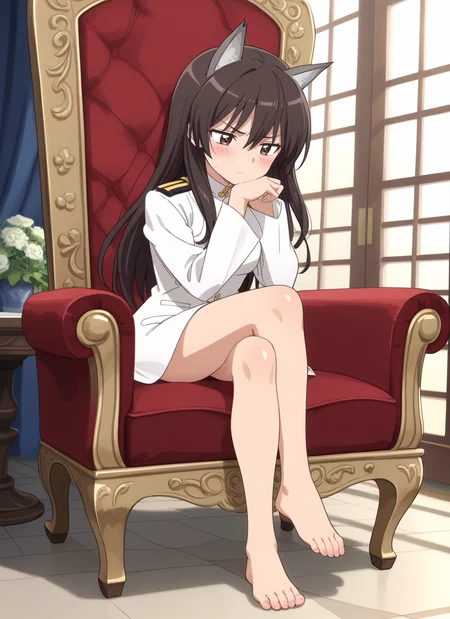 score_9, score_8_up, score_7_up, source_anime, rating_safe, intricate details, anime screencap, official style, anime coloring, 1girl, solo, <lora:Wakamoto_Tetsuko:1>, wakamototetsuko, long hair, dark brown hair, dark brown eyes, white jacket, military uniform, bottomless, no pants, thighs, full body, barefeet, sitting on throne, hand on chin, crossed legs, feet focus, frontal view, bored expression, wolf ears, wolf tail, BREAK ,anime screencap, anime coloring,, , shiny, shiny skin, shiny hair, soft body,, , <lora:HandFineTuning_XL:1>,, , (5 finger:0.8),