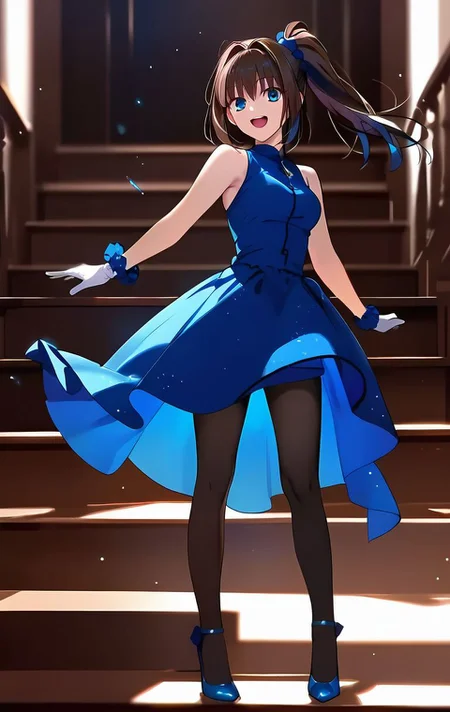 <lora:PONY_character_aozaki_aoko:1>,aozaki_aoko,dress,pantyhose,blue_dress,stairs,open_mouth,side_ponytail,gloves,smile,skirt_hold,1girl,high_heels,white_gloves,:d,solo_focus,bracelet,scrunchie,looking_at_viewer,sleeveless_dress,jewelry,sleeveless,blue_footwear,standing,, score_9, score_8_up, score_7_up, score_6_up,1girl