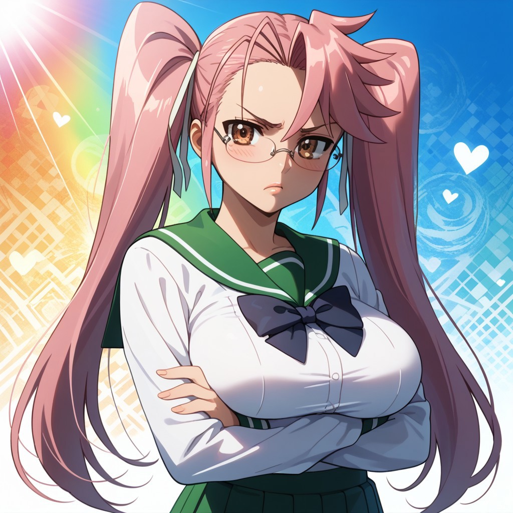 score_9, score_8_up, score_7_up, 1girl, solo, looking at viewer, anime coloring, upper body, close-up, portrait, mature female, 
<lora:Saya_Takagi_Dwnsty:0.8>, saya_takagi, pink hair, brown eyes, long hair, twintails, glasses, hair ribbon, school uniform, serafuku, green skirt, pleated skirt, black bowtie, long sleeves,
lips, large breasts, skindentation, double v, annoyed, blush, crossed arms, 
sunlight, abstract background, argyle background, rainbow, heart, 
 <lora:Hotd_Artstyle_Dwnsty:0.7>