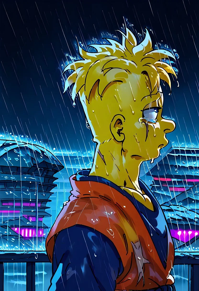 score_9, score_8_up, score_7_up
, masterpiece, beautiful, profile view, side view, 1 boy, yellow skin,
bart simpson,yellow skin,circle eyes,dot pupils,
sad expression, scar on cheek,scars on face,right arm missing, face weet, tears,
,orange sleevelees dougi, Blue Tshirt under dougi, wristband, orange pants, upper body,blue sash, outdoors, raining,pov, dramatic scene, dynamic shadows dramatic lights, destroyed city background,