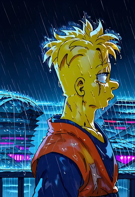 score_9, score_8_up, score_7_up 
   , masterpiece, beautiful, profile view, side view, 1 boy, yellow skin, 
bart simpson,yellow skin,circle eyes,dot pupils,
sad expression, scar on cheek,scars on face,right arm missing, face weet, tears,
,orange sleevelees dougi, Blue Tshirt under dougi, wristband, orange pants, upper body,blue sash, outdoors, raining,pov, dramatic scene,  dynamic shadows dramatic lights, destroyed city background,