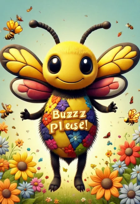 A very happy, friendly-looking anthropomorphic bee surrounded by elegant, colorful flowers, holds a sign reading: "Buzzzz Please!"
ptchkrawk , buzz