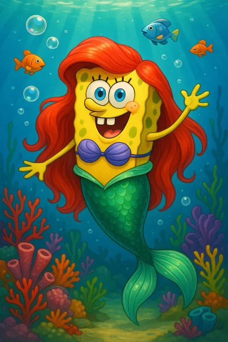 A vivid and whimsical digital illustration of SpongeBob SquarePants reimagined as Ariel the Mermaid from The Little Mermaid. SpongeBob, retaining his classic square shape and joyful expression, wears a long, flowing bright red wig, a purple seashell bra, and a shimmering emerald-green mermaid tail. He is underwater, surrounded by playful bubbles, colorful coral, and curious fish, with soft beams of light filtering down from the ocean surface. The composition is detailed and full of imagination, blending SpongeBob’s cheerful charm with the magical, fairytale world of a mermaid, using bright, vibrant colors and a high level of detail throughout.
