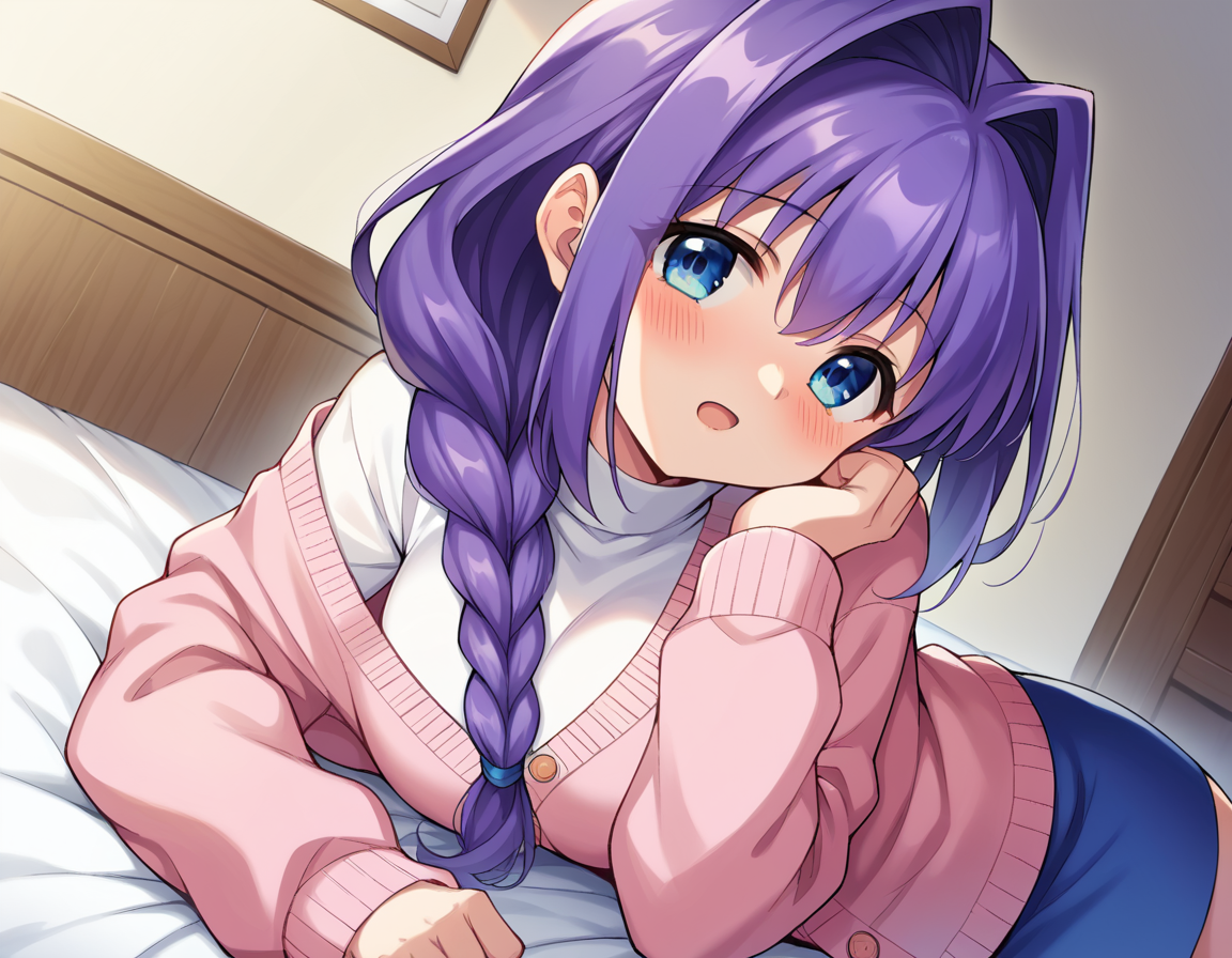 score_9, score_8_up, score_7_up, source_anime,
akikominase, <lora:akiko-minase-ponyxl-lora-nochekaiser:1>,
akiko minase, braid, braided ponytail, hair intakes, hair over shoulder, long hair, single braid, purple hair, blue eyes,
cardigan, long sleeves, pink cardigan, long sleeves, turtleneck, shirt, white shirt, skirt, blue skirt,
indoors, bed, bed room, on side, blush, drunk,
solo, looking at viewer, cowboy shot, dutch angle,