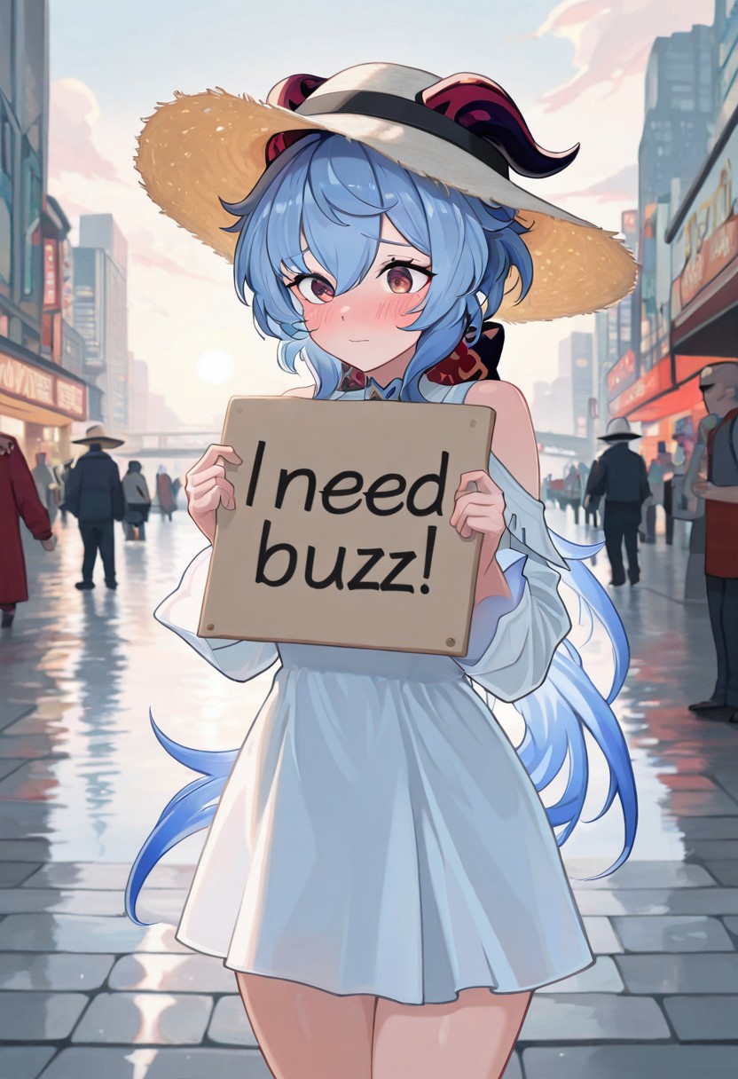masterpiece,best quality,amazing quality, ganyu \(genshin impact\), cowboy shot,  need_buzz, holding sign, red_eyes，sun hat，long_sleeves, 1girl, city streets, ally way, poor person, blush, cloud,dress, water,