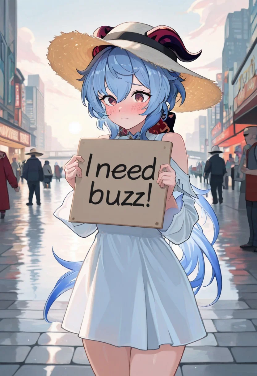 masterpiece,best quality,amazing quality, ganyu \(genshin impact\), cowboy shot,  need_buzz, holding sign, red_eyes，sun hat，long_sleeves, 1girl, city streets, ally way, poor person, blush, cloud,dress, water,
