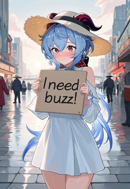 masterpiece,best quality,amazing quality, ganyu \(genshin impact\), cowboy shot, need_buzz, holding sign, red_eyes,sun hat,long_sleeves, 1girl, city streets, ally way, poor person, blush, cloud,dress, water,