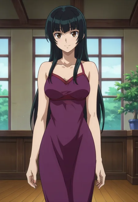 score_9,score_8_up,score_7_up,anime coloring BREAK source_anime,anime,<lora:Wang_Liu_Mei_Gundam_00_Pony:0.7>,liumei,1girl,solo,brown eyes,black hair,long hair,bare shoulders,purple dress,smile,standing,indoors,looking_at_viewer,