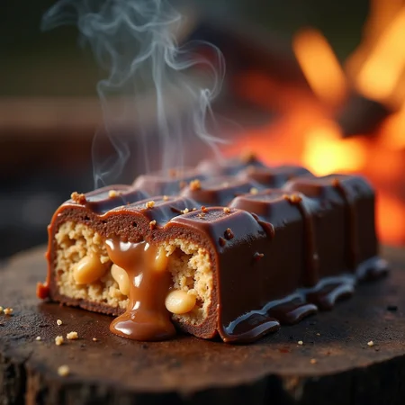 A close-up shot of a ral-roasted Snickers bar, melting chocolate oozing over the caramel and roasted peanuts, with a soft glow from a nearby campfire casting warm, amber light onto the glossy surface. The edges of the Snickers are slightly charred, creating a crunchy, caramelized texture. Smoke wisps rise from the bar, blending with the blurred, glowing embers in the background. The scene captures the heat and decadence of the treat, with a shallow depth of field highlighting the gooey center, making every detail pop against the dark, rustic setting.