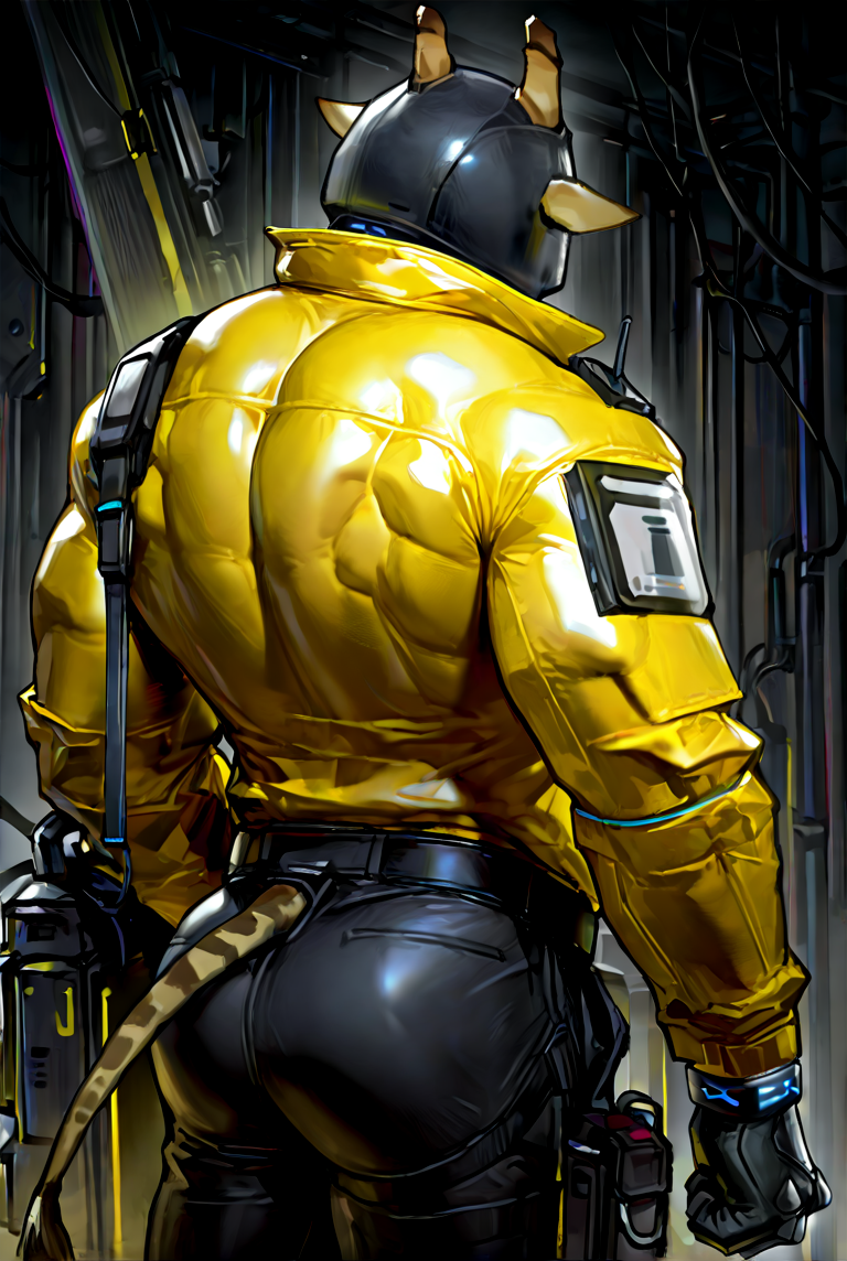 mech@nist,1boy,male focus,helmet,giraffe horns,animal ears,yellow jacket,infection monitor \(arknights\),faceless,solo,turned back,looking over shoulder,open jacket,back muscles,glutes,tight pants,glossy jacket,male focus,mature muscular male,<lora:Mechanist:0.9>,<lora:SLE_v2:1>,<lora:noobai_vpred_1_masterpieces_v23:1>,<lora:NOOB_vp1_detailer_by_volnovik_v1:1>,<lora:detailed skin style illustriousXL v1:1>,masterpiece,best quality,very aesthetic,detailed,