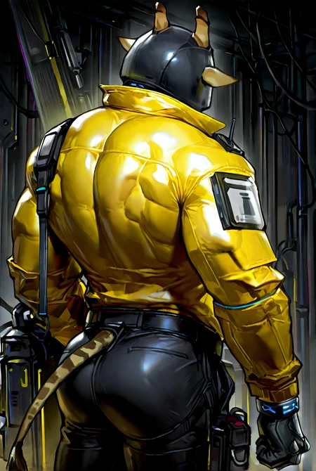 mech@nist,1boy,male focus,helmet,giraffe horns,animal ears,yellow jacket,infection monitor \(arknights\),faceless,solo,turned back,looking over shoulder,open jacket,back muscles,glutes,tight pants,glossy jacket,male focus,mature muscular male,<lora:Mechanist:0.9>,<lora:SLE_v2:1>,<lora:noobai_vpred_1_masterpieces_v23:1>,<lora:NOOB_vp1_detailer_by_volnovik_v1:1>,<lora:detailed skin style illustriousXL v1:1>,masterpiece,best quality,very aesthetic,detailed,