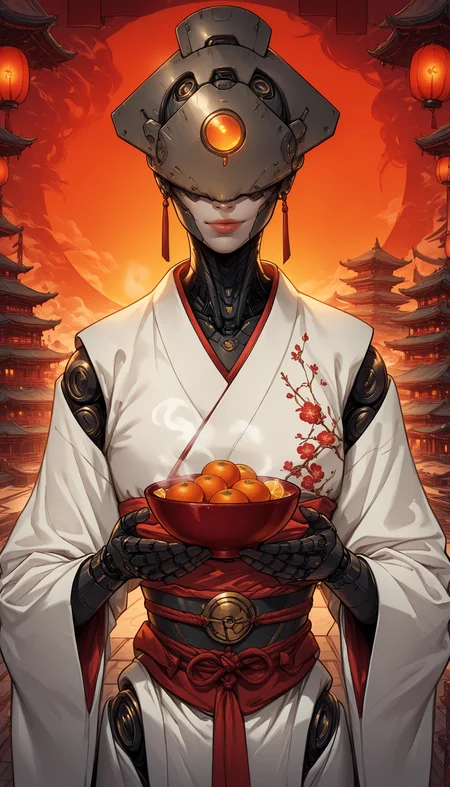 ECM-V1.0,, An4chr0t3ch masterpiece, best quality, good quality, very aesthetic, absurdres, newest, 8K, depth of field, focused subject, An4chr0t3ch, covered eyes, headgear Create a vivid, full-body, front-view digital artwork of a futuristic female figure in a traditional Japanese setting. She is adorned in a white kimono with red floral patterns, complemented by a deep blue obi belt. Her attire is accessorized with a sleek, metallic headpiece that emits a warm, glowing orange light. The headpiece is intricately designed with various technological elements, including a prominent blue symbol on its forehead. She holds a red bowl in her hands, which appears to be steaming. The background is dominated by traditional Japanese architecture, with multi-tiered pagodas and lanterns, all bathed in a soft, ambient light that casts a serene glow over the scene. The color palette is rich with deep blues, warm oranges, and contrasting reds. 1girl, solo, hair_ornament, holding, jewelry, upper_body, japanese_clothes, kimono, cup, lips, glowing, robot, holding_cup, steam, android, joints, architecture, robot_joints, humanoid_robot, <lora:Detail_enhancer_IL:0.65> <lora:ECM-V1.0-000012:1.0> <lora:Anachrotech_Mecha_bits_Illustrious:1.0>