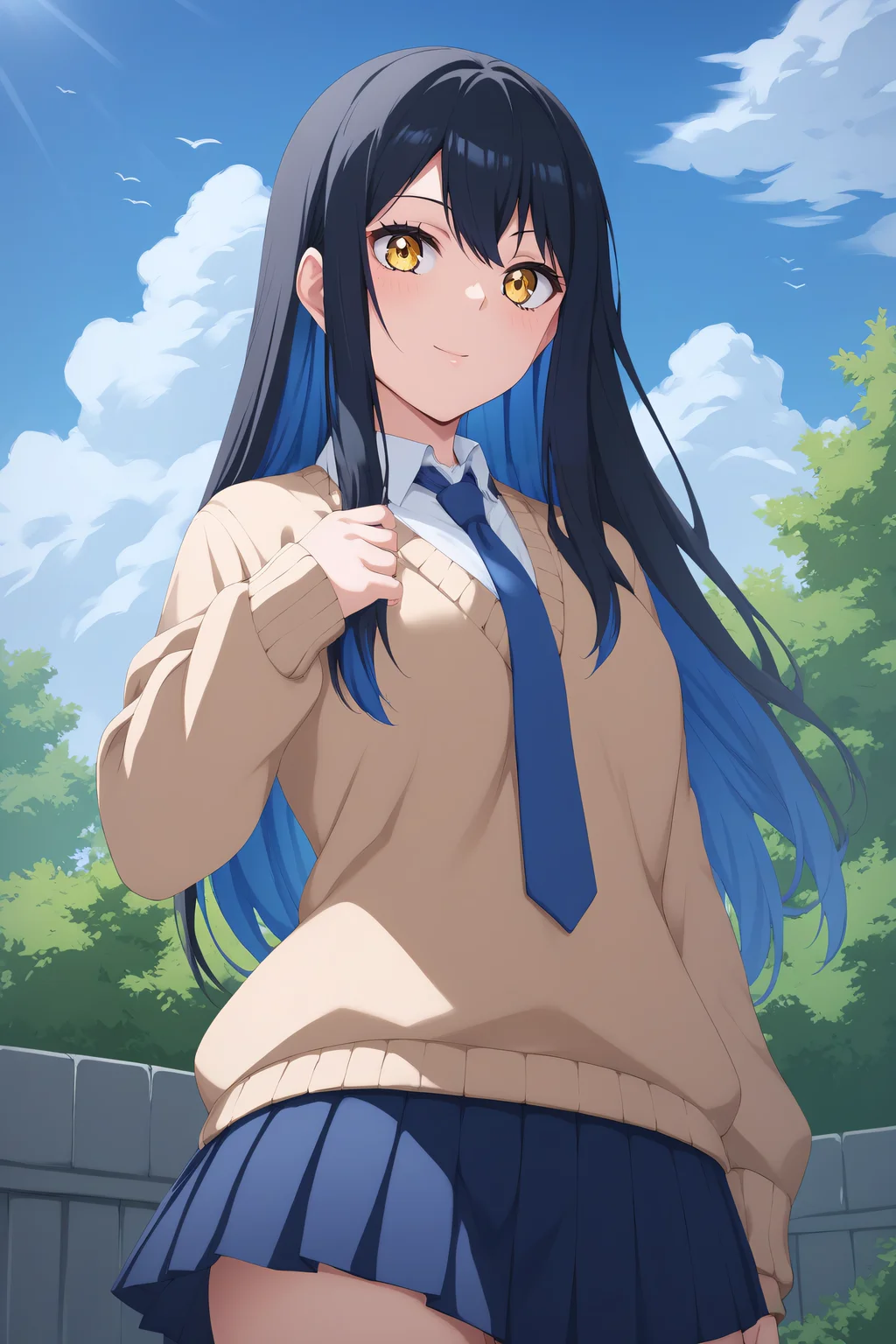 score_9, score_8_up, score_7_up, score_6_up, score_5_up, score_4_up, BREAK source_anime, <lora:miko yotsuya-PonyXL:0.8> miko yotsuya, yellow eyes, black hair, blue hair, multicolored hair, long hair, blue pleated skirt, beige sweater, blue necktie,