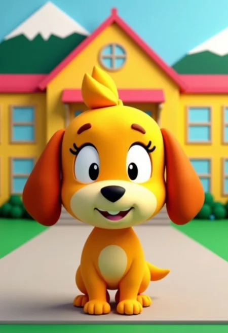 an image in the style of the tv show south park of A 3D-rendered isabelle (animal crossing), anthro-dog in a simple cartoon style with large plain eyes and a large round head. Simple and cute, standing in front of a yellow school building