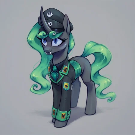 masterpiece, score_9_up, score_8_up, score_7_up, score_6_up, (best quality:1.1), ultra-detailed, high resolution, 1character, Aurantia, changeling queen oc, mlp, feral, black skin, long mint-green mane, (((beautiful detailed dark blue eyes))), long eyelashes, single horn, ears, closed mouth, smile, military uniform, military patches, green necktie, peaked cap, fangs, detailed facial features, full body, expressiveh, simple background, highly visible, sharp focus, anatomically correct