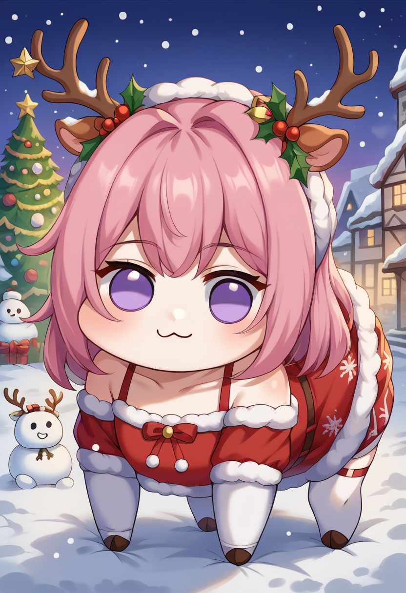 score_9, score_8_up, score_7_up, source_anime, <lora:wrenchsjoyfuljinglepdxl:0.9>,wrenchsjoyfuljingle, fur-trimmed dress, christmas trees, snow, snowing, outside, snowman, <lora:Doro_X_PDXL_V1:1> doro, creature, :3, chibi, pink hair, purple eyes, hair bun, hair bow, no humans, (white skin:1.2), solid circle eyes, no pupils, antlers, deer ears, solo, all fours,