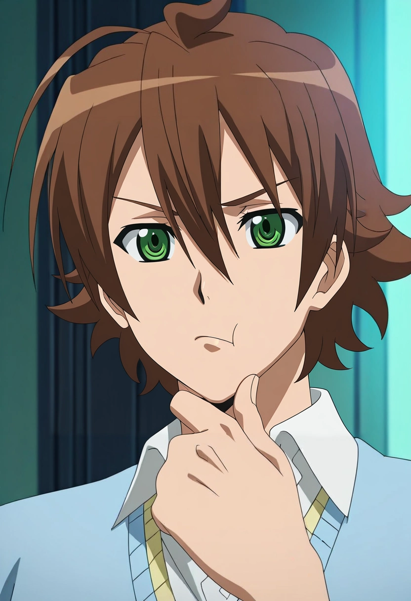masterpiece, best quality, , anime screencap, anime coloring, ,, 1boy, solo, male focus, <lora:tatsumi_akame_ga_kill_ilxl:0.92>, tatsumi_akame_ga_kill, brown hair, green eyes, short hair, hair between eyes, ahoge, deep in thought, finger tapping chin, pondering expression, seated pose, cool lighting, ,