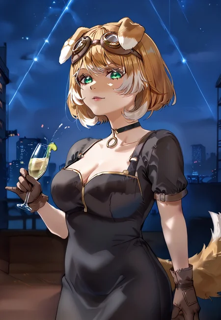 safe_pos, 1girl, solo, solo focus, highres, absurdres, BonnieBarkswell, dog ears, dog tail, gloves, green eyes, large breasts, cleavage, multicolored hair, goggles on head, short hair, blonde hair, white hair, brown hair, bangs,

black dress, cocktail dress,

looking at viewer, from side, holding cup, champagne,
 
cityscape, neon lights, night, night sky,