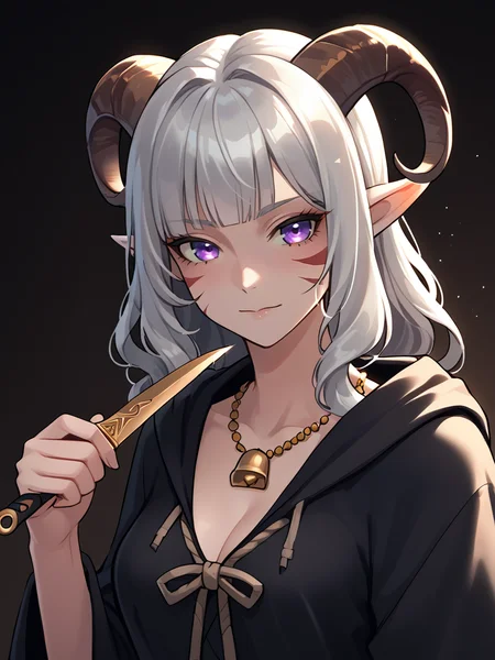 source_furry, score_7_up, rating_safe, gold necklace, tiefing, short pointed ears, brown horns, (a pair of brown sheep Horns that begin at her temples and curve back: 1.5), bangs, long silver hair long wavy hair, pale skin, short pointy ears, purple eyes, <lora:age_slider_v4:0.6> medium breasts, skinny female, close up, silver hair, <lora:Tieflingnew weird fantasyDND:0.3> Tiefling, pointed ears, horns, <lora:Smooth Style 2 SDXL_LoRA_Pony Diffusion V6 XL:0.5> bell, robe, hood off, < <lora:whisker_markings:0.8>red whisker_markings,
<lora:dagger:0.8> dagger, holding dagger,