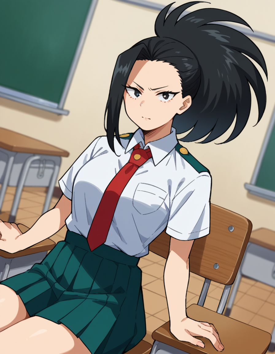 score_9, score_8_up, score_7_up, source_anime,
yaoyorozumomo, <lora:momo-yaoyorozu-ponyxl-lora-nochekaiser:1>,
yaoyorozu momo, long hair, bangs, black hair, ponytail, black eyes, high ponytail, wide ponytail,
skirt, shirt, school uniform, white shirt, short sleeves, pleated skirt, necktie, collared shirt, red necktie, green skirt, u.a. school uniform,
indoors, classroom, sitting, desk, chair,
looking at viewer, cowboy shot, dutch angle,
