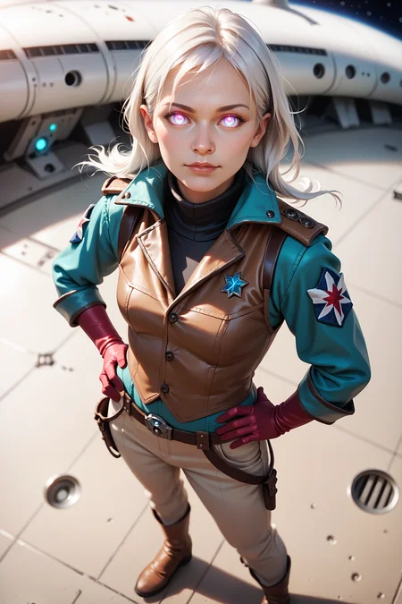 t34l_w1tch, score_9, score_8_up, score_7_up, 1girl, solo, white hair, glowing eyes, from above, one hand on hip, depth of field, spaceport, starship, outdoors, photorealistic, <lora:tr1s5:1.0>