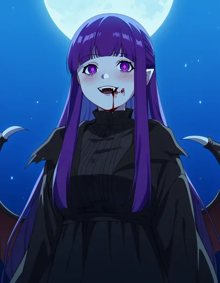 score_9, score_8_up, score_7_up, source_anime, <lora:fern-s1-ponyxl-lora-nochekaiser:1>, fern, long hair, bangs, purple eyes, purple hair, sidelocks, blunt bangs, bright pupils, half updo, large breasts, <lora:vampire-ponyxl-lora-nochekaiser:1>, vampire, red eyes, pointy ears, fangs, black dress, wings, blood, blood on face, blood on mouth, bat (animal), halloween, halloween costume, upper teeth only, night, moon, blush, smile, open mouth,, looking at viewer