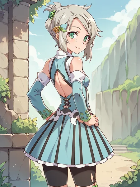 score_9, score_8_up, score_7_up,
1girl, lucy rf, grey hair, green eyes, small breasts, freckles, folded ponytail, hair ornament,
hands on hips, standing, outdoors, solo, day, smile, from behind, looking back, looking at viewer,
blue dress, bike shorts, detached sleeves,