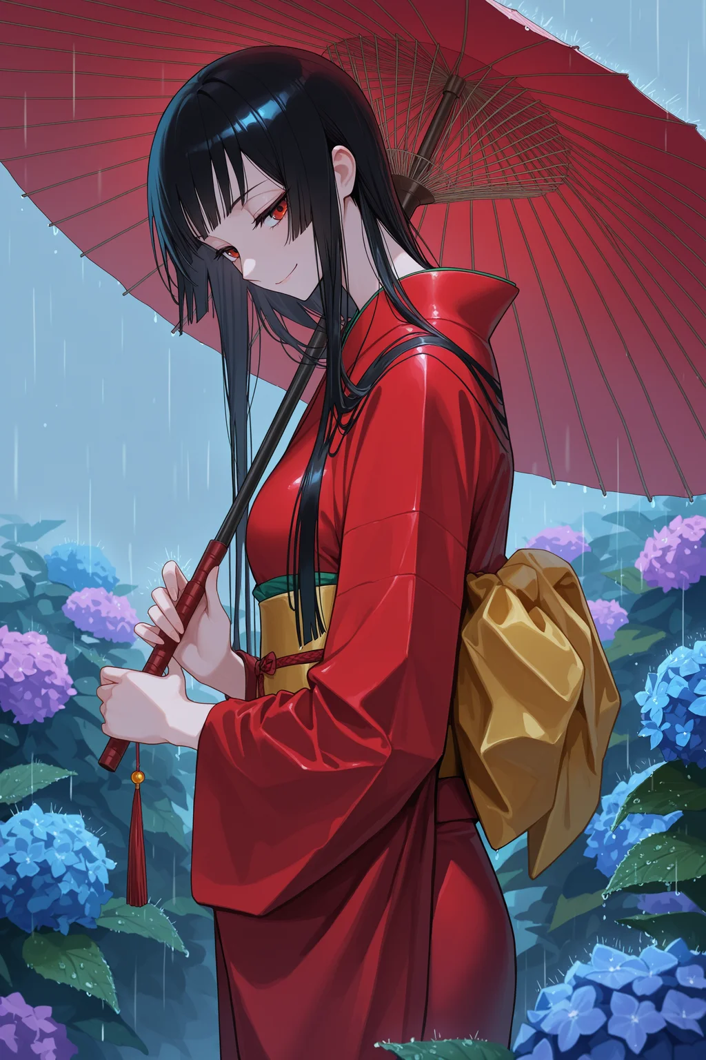 masterpiece, best quality, absurdres, safe
1girl yuuko ichihara, black hair, red eyes, standing, smile, kimono, holding umbrella, from side, looking down, looking at viewer, raining, oil-paper umbrella, hydrangea
<lora:xxxholic_il_1_d16:1>